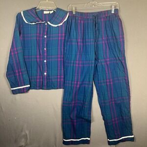 Rachel Ashwell 2 PC Womens Green with White Print Flannel Pajamas Lace Trim S